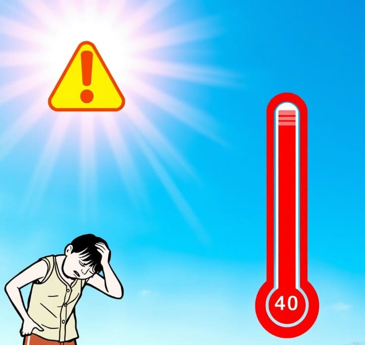 열사병증상인 체온 40도가 넘는 사람, 뜨거운온도계, 경고아이콘이 있습니다.