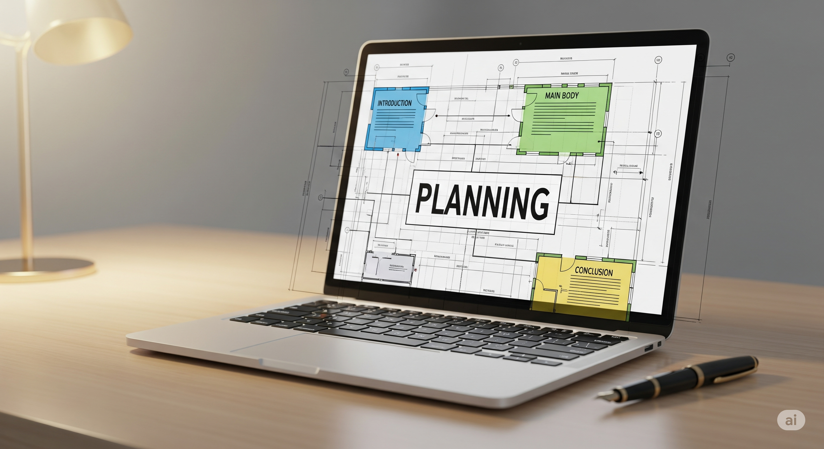 AI 글쓰기 도구를 사용하기 전, 글의 전체적인 구조와 워크플로우를 설계하는 중요성을 시각적으로 보여주는 이미지. 계획적인 글쓰기 전략을 상징합니다.