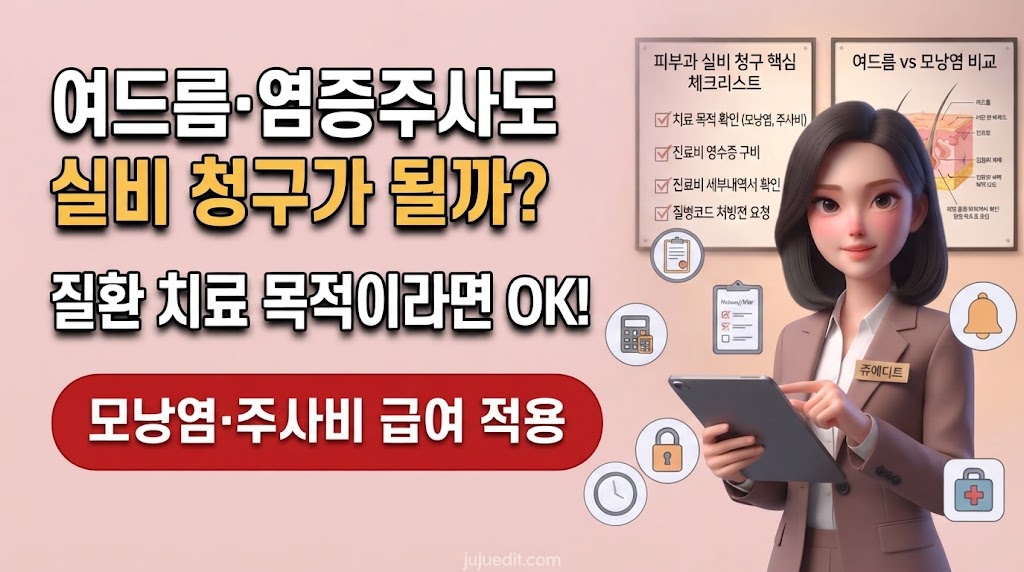 단순 여드름(Acne)과 모낭염/주사비의 주요 증상, 건강보험 구분, 실비 청구 여부, 대표 질병코드를 비교한 카드형 표 형태의 인포그래픽