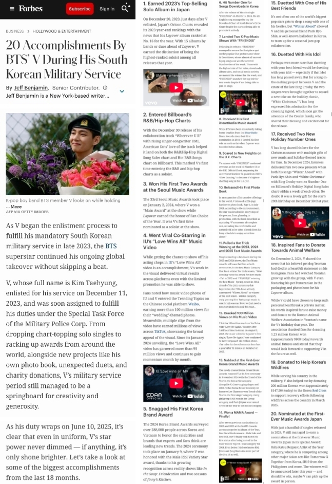 방탄소년단 BTS 뷔 포브스 군백기성과
