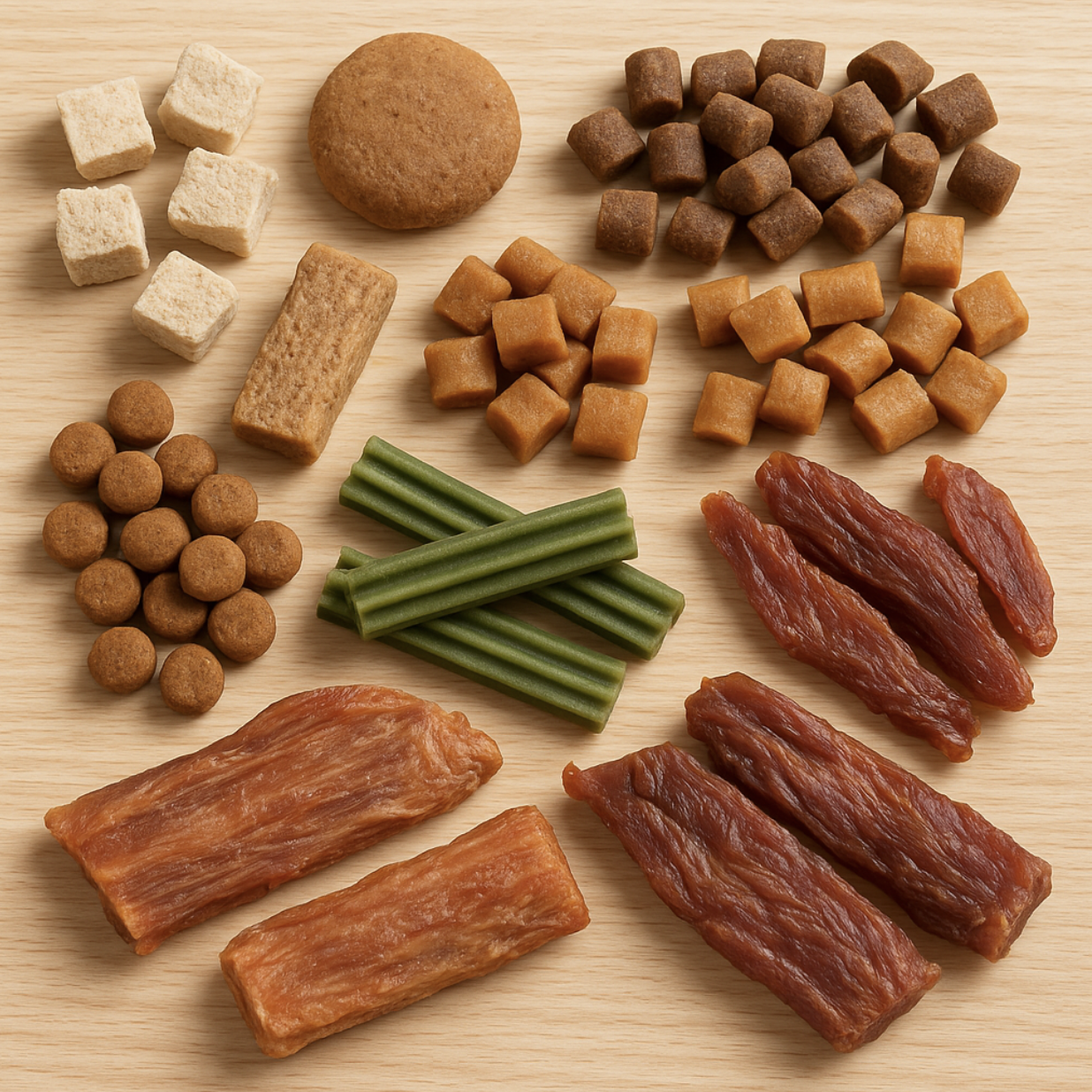 다양한 반려동물 간식이 나무 배경 위에 정갈하게 배열되어 있는 모습.
