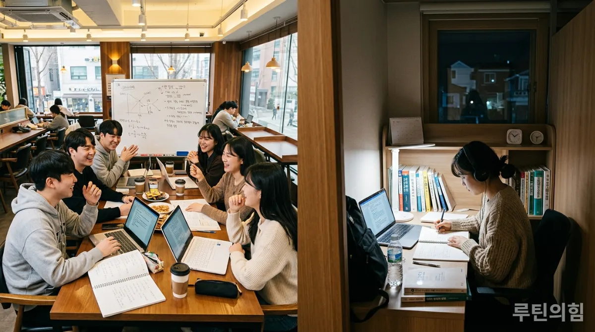 그룹 스터디와 개인 학습 공간에서 공부하는 한국 학생들의 모습