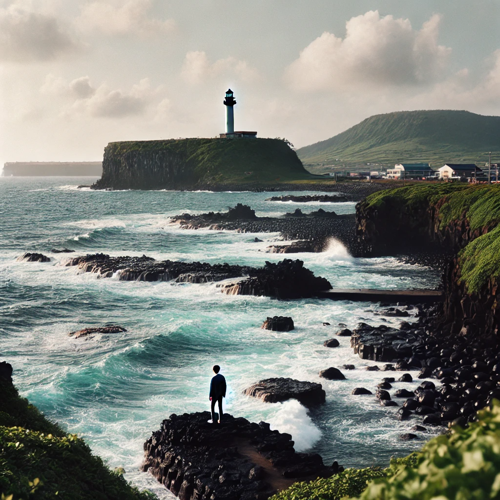 제주도의 해안가에서 파도가 검은 화산암에 부딪치는 장면. 멀리 등대가 보이고, 여행객이 바다를 바라보며 서 있는 모습. 주변은 섬의 푸르름이 둘러싸고 있다.