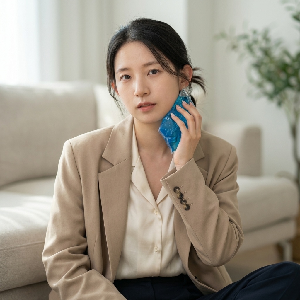 턱보톡스 시술 후 부드럽게 턱에 얼음찜질을 하고 있는 30대 초반 한국 여성
