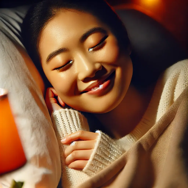 밤에 편안히 미소 지으며 이불을 덮고 자는 동양인 여성