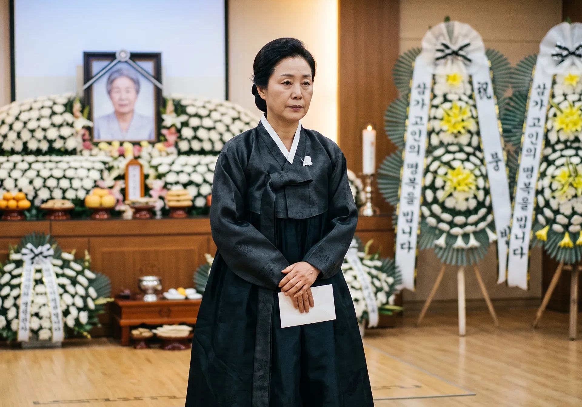 한국의 현대식 장례식장에서 검은색 개량 한복 상복을 입은 여성 상주가 고인의 영정 사진과 근조 화환 앞에 슬픈 표정으로 서 있는 모습을 담은 이미지
