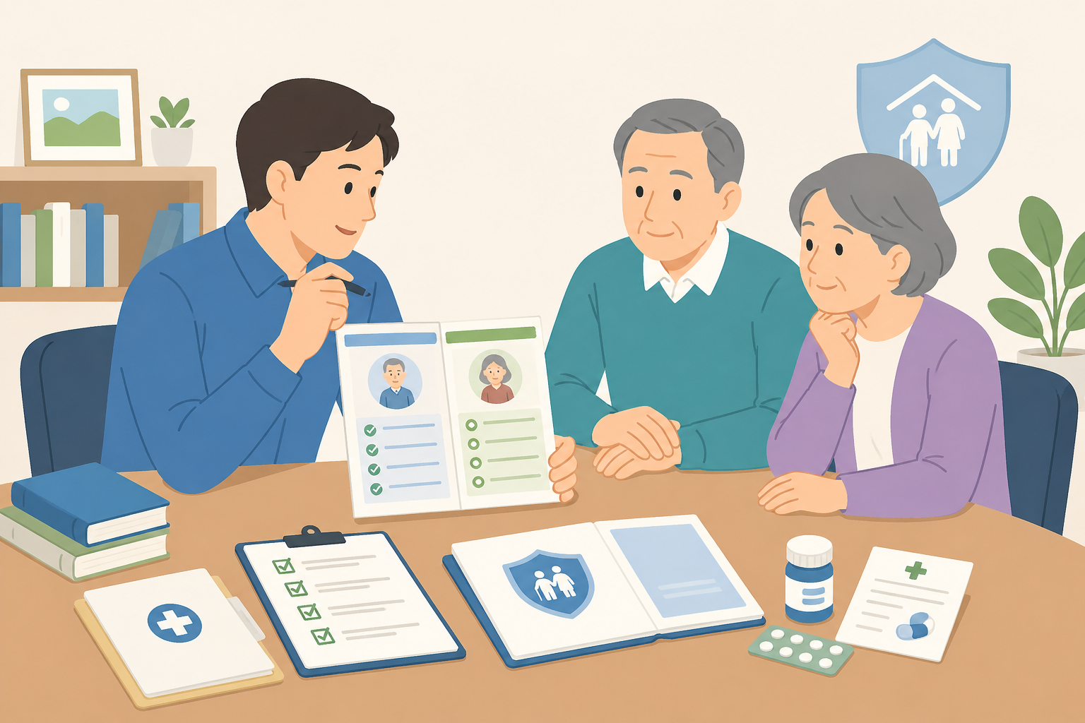 간병보험 가입조건을 상담하는 장면으로 부모님 가입 가능성을 볼 때 최근 병력과 심사 기준을 함께 확인하도록 돕는 이미지