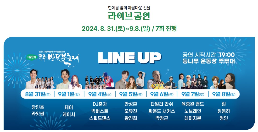 무주 반딧불 축제 낙화놀이, 불꽃놀이, 드론쇼, 라인업, 전체 공연일정