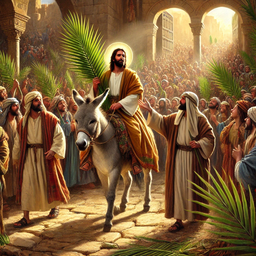 종려주일: 예루살렘에 입성하시는 주님과 많은 군중, 그들은 종려나무 가지를 흔들며 호산나를 외쳤다