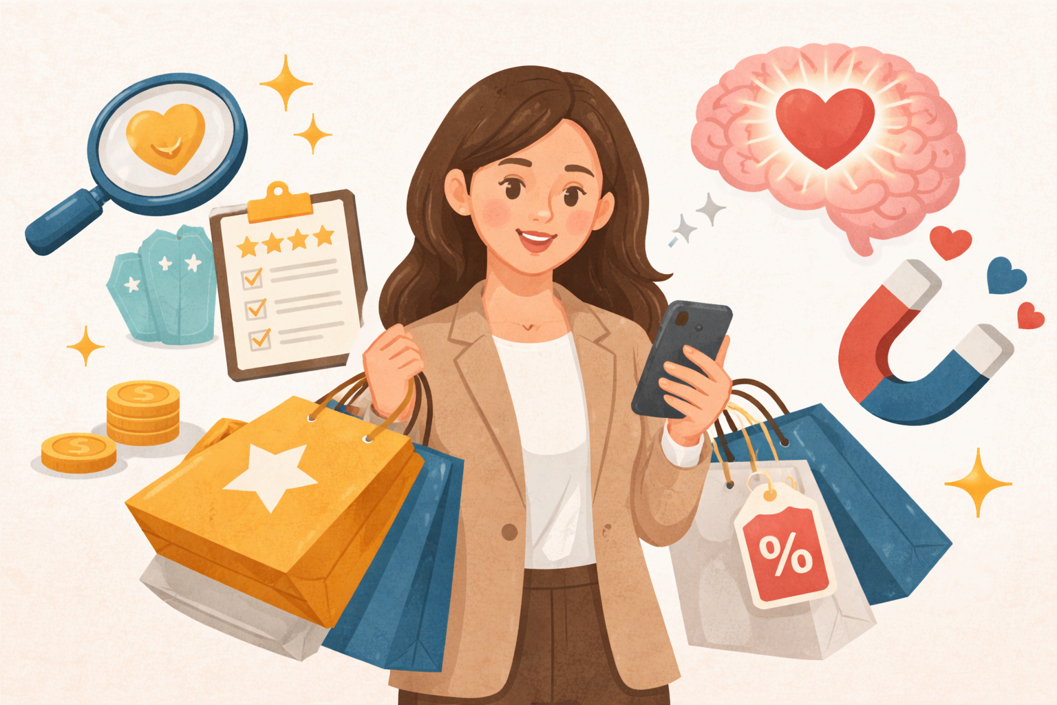 소비의 심리학을 상징하는 쇼핑과 뇌 일러스트
