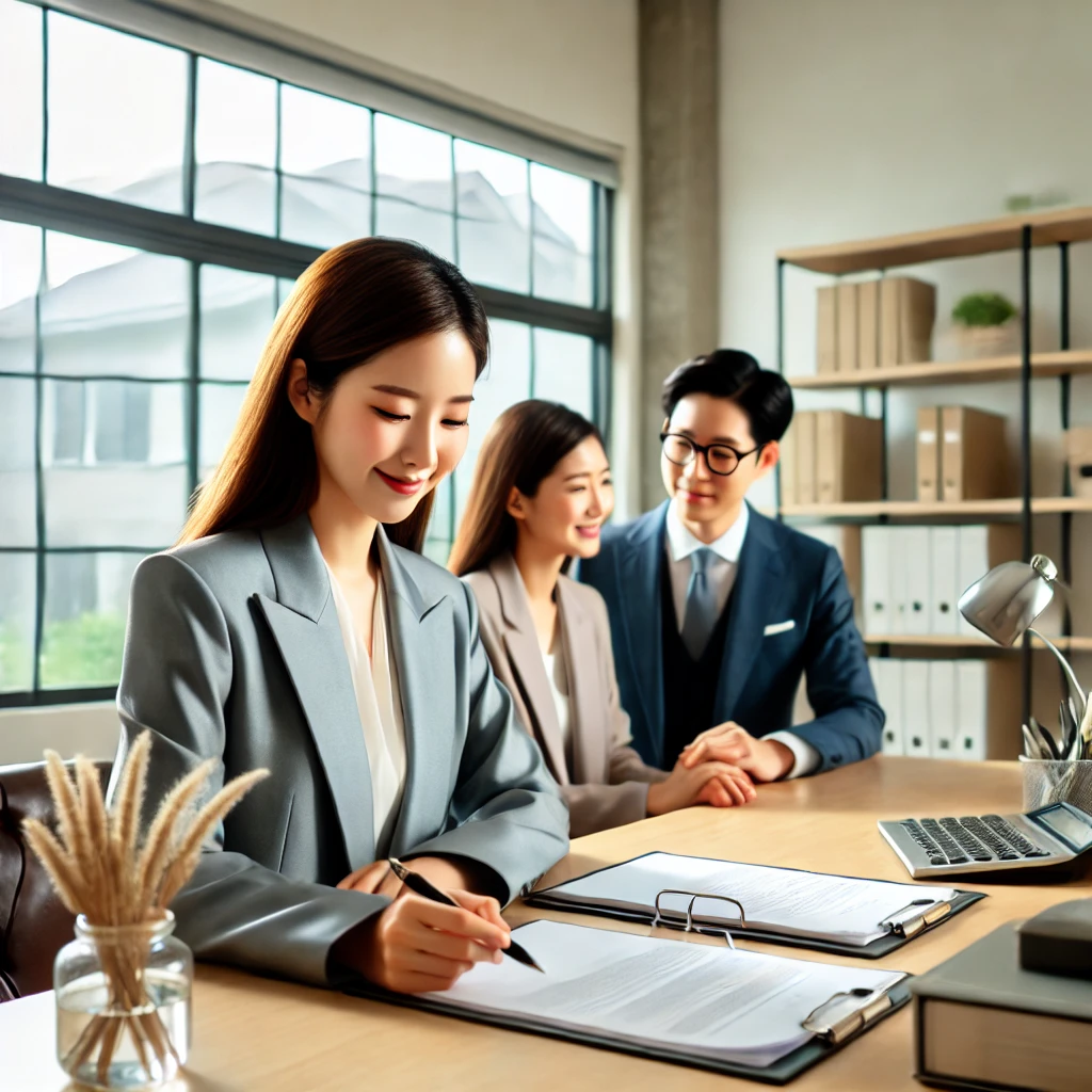 여성 변호사가 현대적이고 밝은 사무실에서 서류를 검토하며 한국인 커플과 상담하는 장면. 대형 창문에서 들어오는 자연광과 깔끔한 가구가 전문적이고 환영받는 분위기를 연출합니다