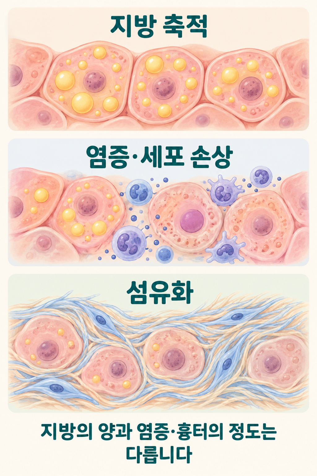 간세포 안 지방방울과 주변 염증세포, 섬유 조직을 따로 구분한 개념 그림