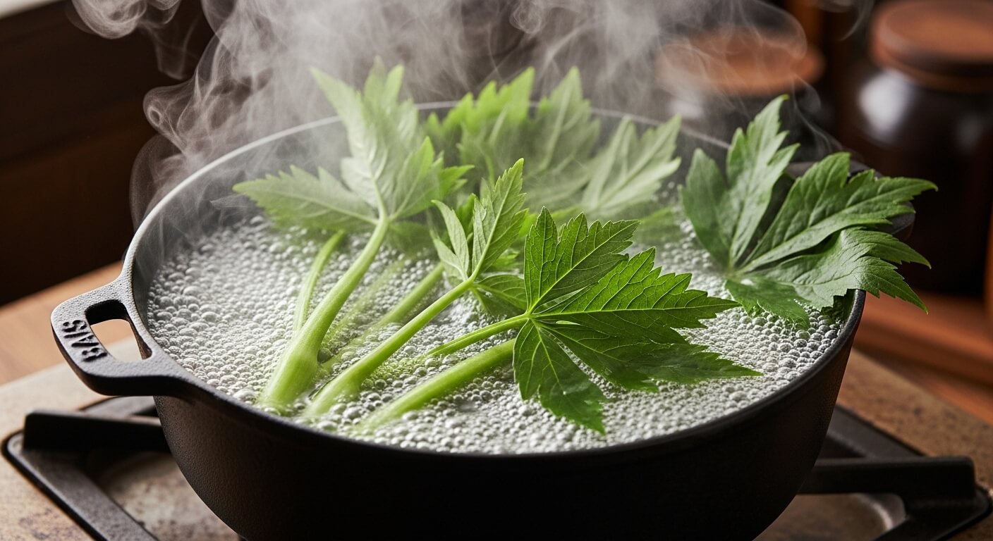 끓는 물에 어수리나물을 데치는 모습