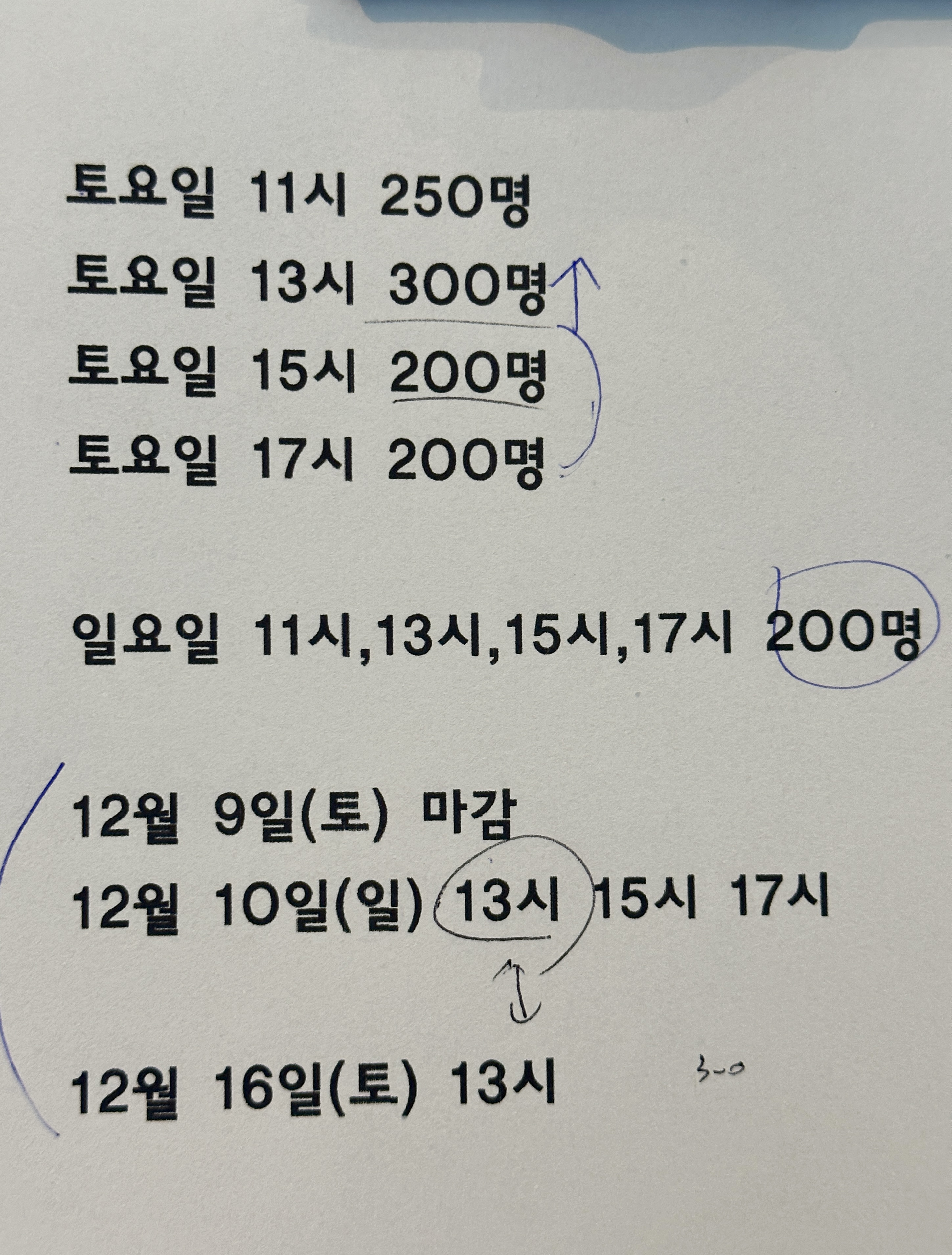 아만티호텔 요일 및 시간대 별 예식 최소보증인원