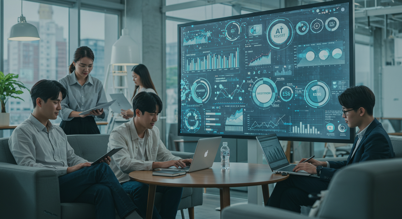 2030세대 청년들이 IT, ESG, 콘텐츠 산업을 주제로 회의 중인 스타트업 사무실 내부 이미지. 디지털 스크린에는 미래 투자 키워드가 표시되어 있음.