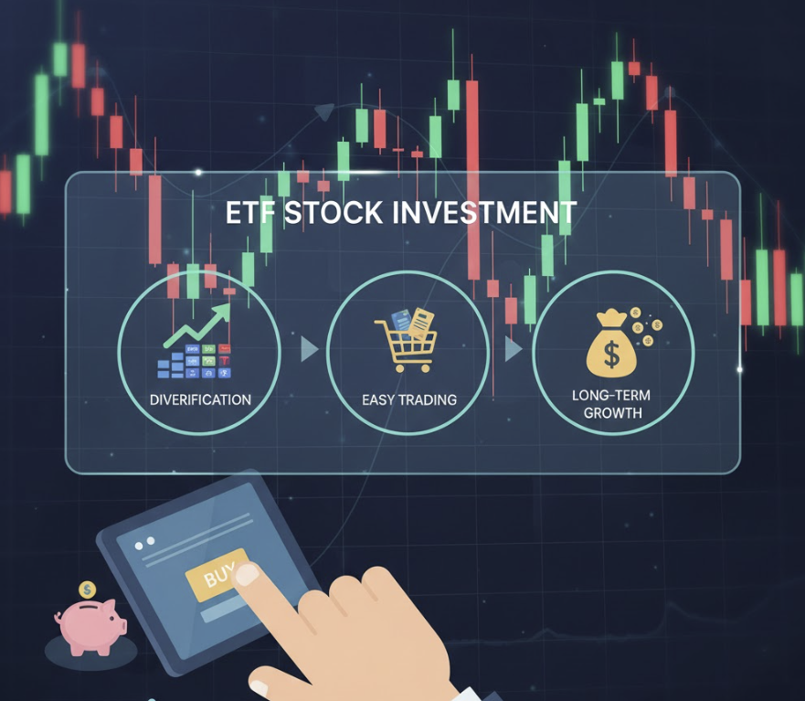 주식차트 배경에 ETF 거래하는 이미지