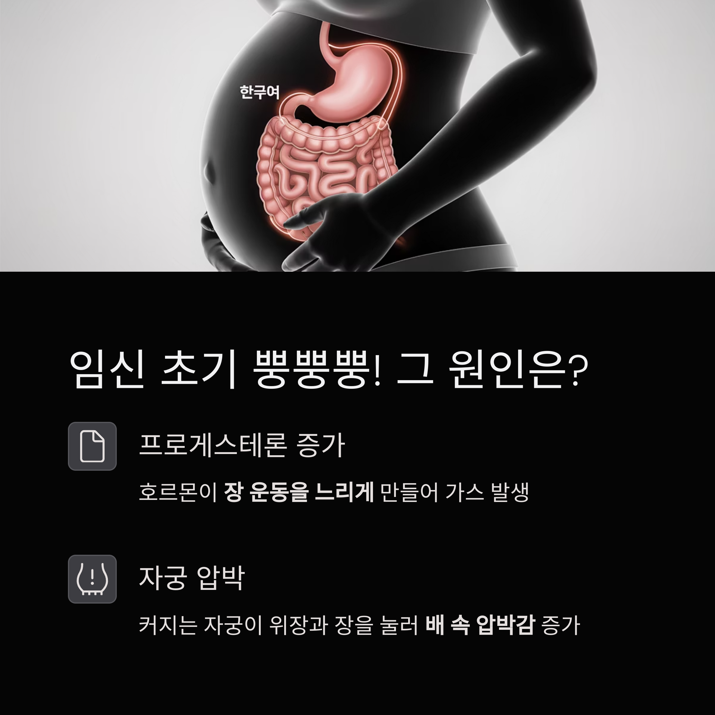 임신 초기 장운동 저하와 자궁 압박으로 인한 복부 팽만 원인 설명