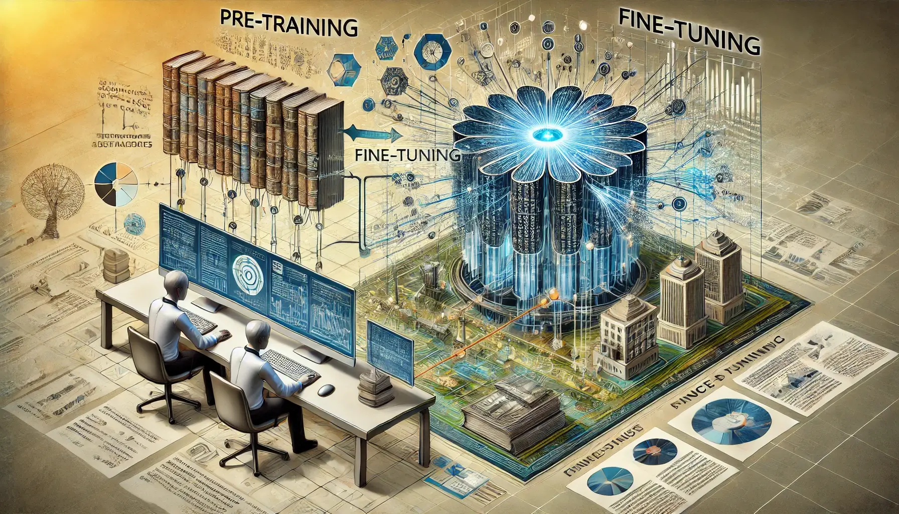 ChatGPT의 작동 원리인 사전 학습과 미세 조정 두 단계를 설명하는 이미지