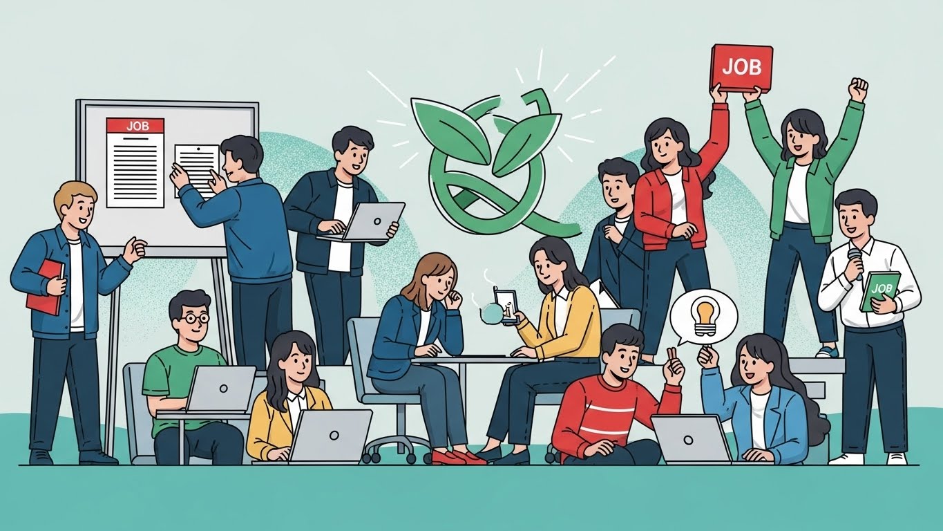 2025년 청년 일자리 대책을 통해 희망찬 미래를 준비하는 청년들의 모습, 청년일자리도약장려금과 인턴십 등 다양한 지원을 상징하는 시각적 요소들.