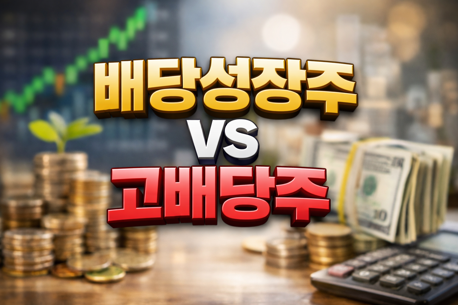 배당성장주와 고배당주 비교를 표현한 이미지, 동전과 달러, 계산기 배경 위에 배당성장주 VS 고배당주 텍스트와 상승 그래프가 보이는 투자 콘셉트 사진