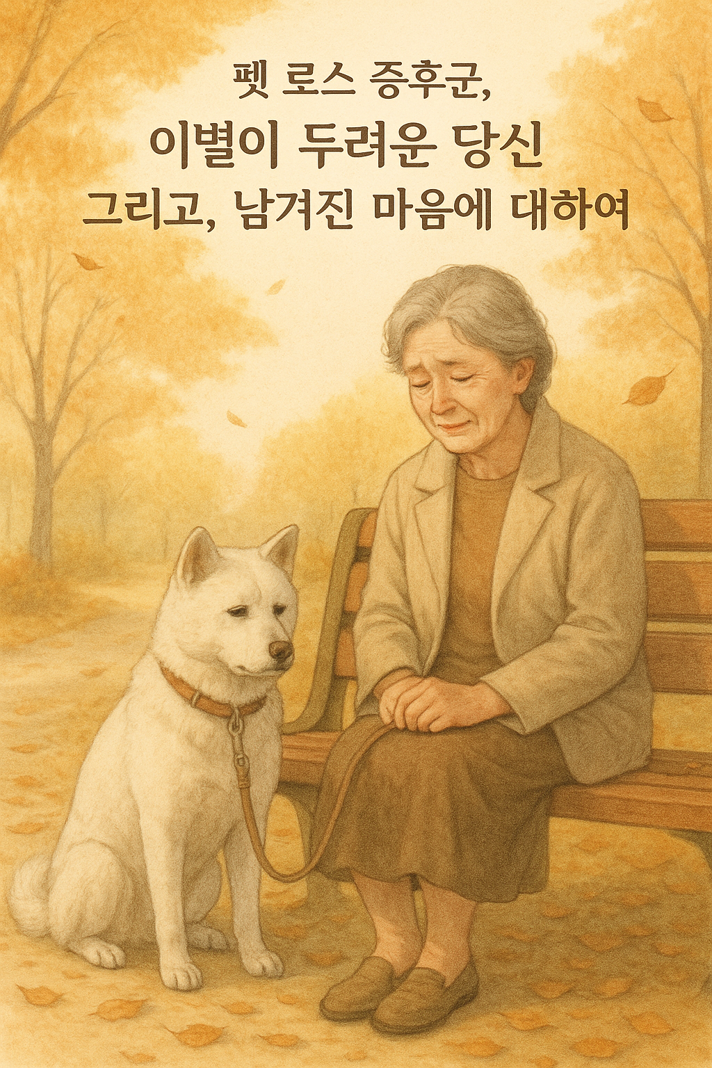 할머니가 진돗개와 앉아 있어요
이 개는 15섯 살 
할머니가 너무 슬픈 표정이에요