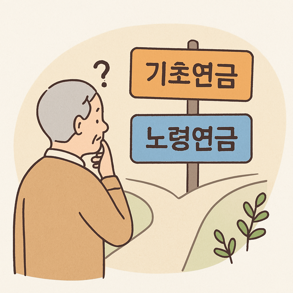 기초연금과노령연금에 대해 궁금해하고 있는 노인 일러스트