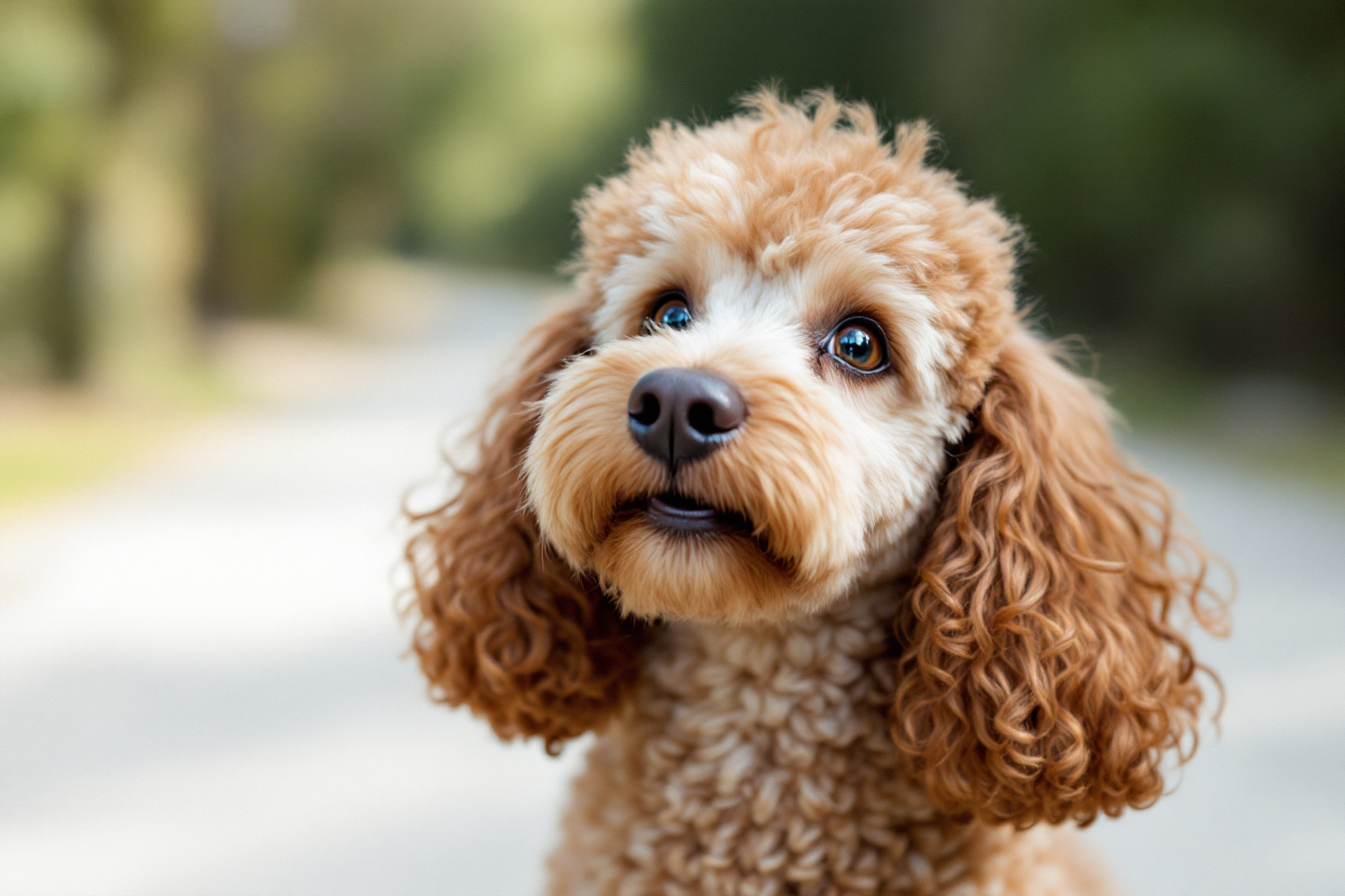 poodle with curly fur performing a trick, intelligent expression