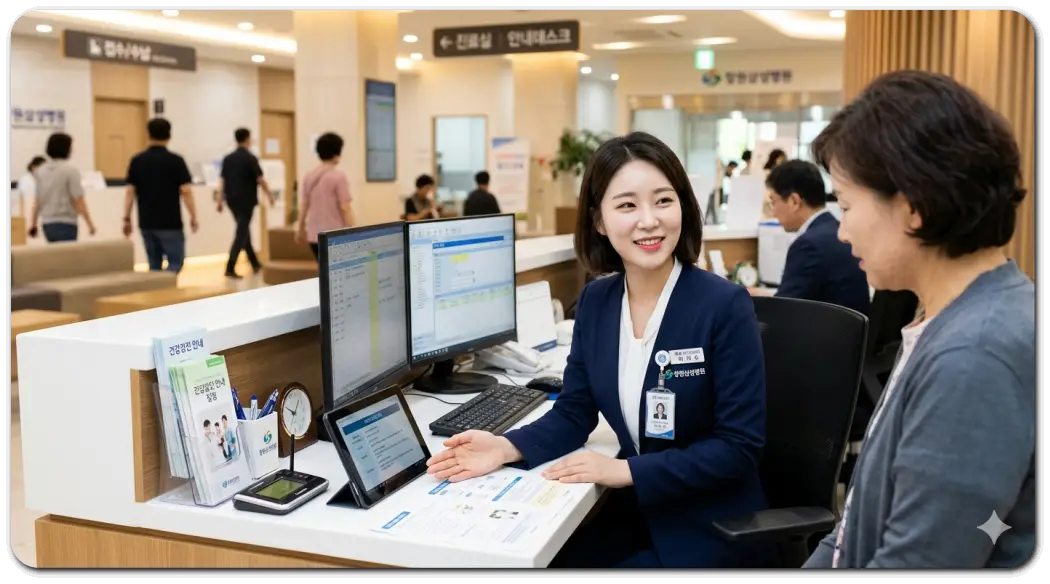 병원 코디네이터 여성이 설명 중이다