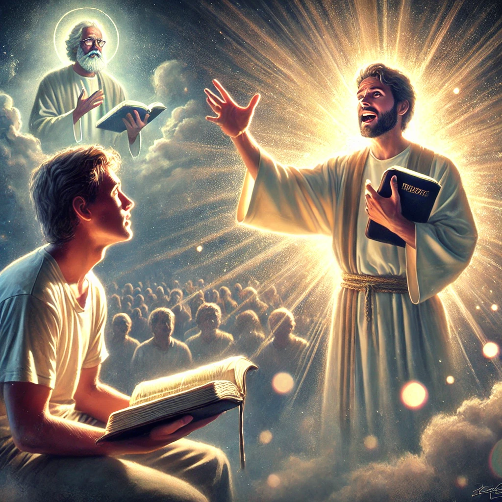 이 그림은 벧후 1:17-18 말씀을 묵상하며, 복음을 선명하게 전하는 전도자의 모습을 담고 있습니다. 하나님의 메시지를 마음에 간직하고, 예수님의 구세주 되심을 확신하며 복음을 전하는 기쁨과 사명을 표현했습니다. 복음을 전하는 사역에 더욱 힘을 얻길 바랍니다. 🙏✨