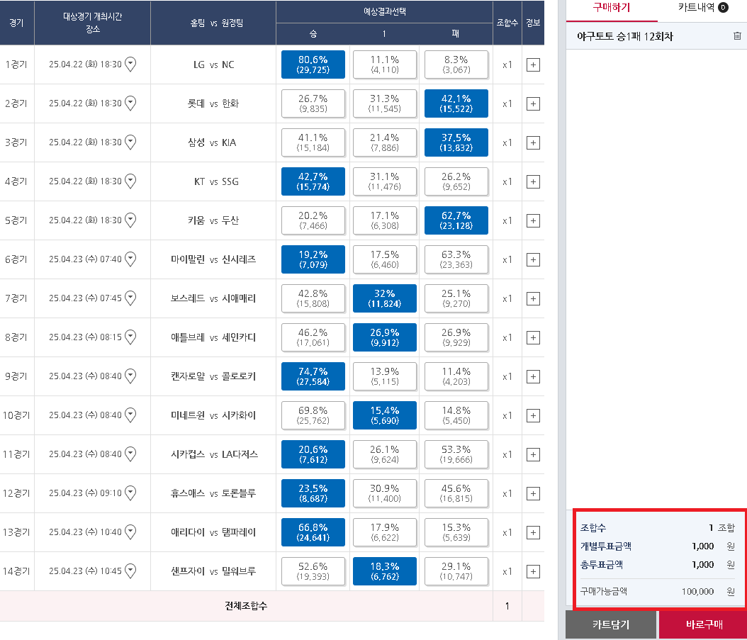 스포츠토토 하는 방법 - 베트맨 토토 직접 경기 구매 하기(야구 승1패)