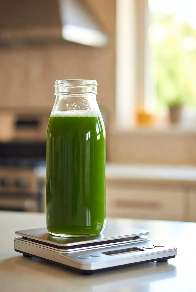 디지털 저울 위에 놓인 초록색 건강 주스 유리병. 간 건강과 정밀한 영양 관리를 시각적으로 보여주는 이미지