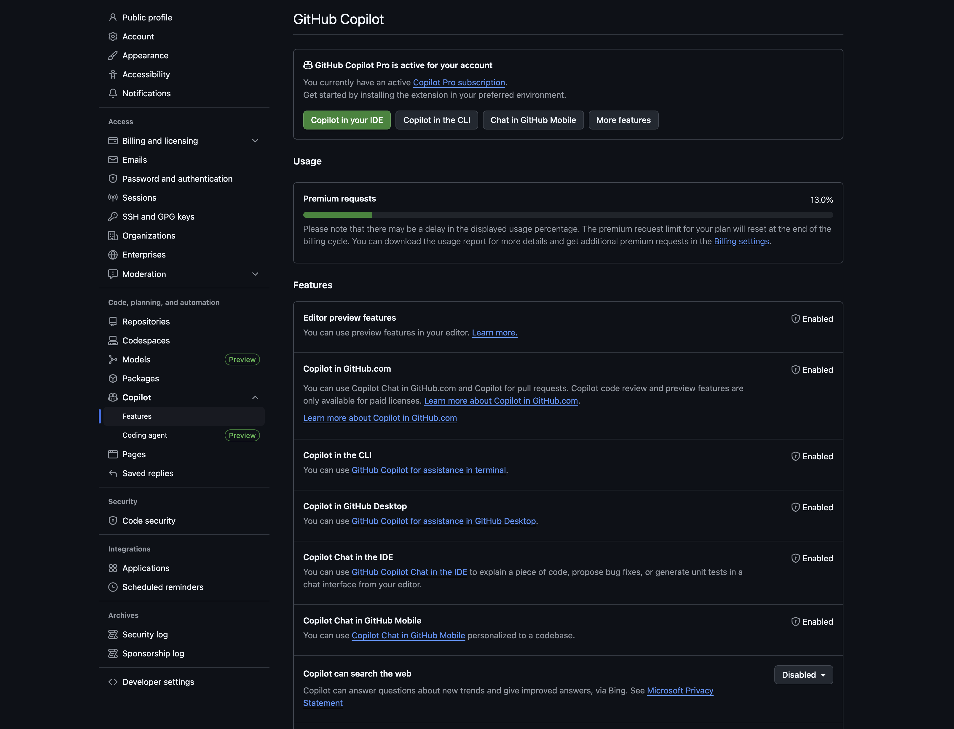 GitHub > Setting > Copilot에서 다양한 AI Agent를 설정할 수 있습니다.