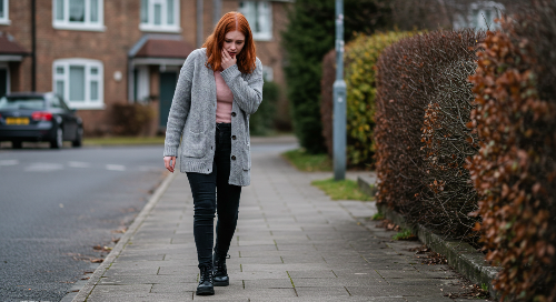 걷는 도중 빈혈로 힘들어 하는 여성