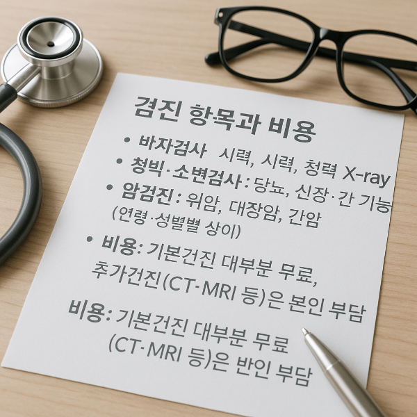 검진 항목과 비용
지역가입자&middot;알바생 건강검진 항목은 직장인 일반검진과 동일합니다.

기본검사: 혈압, 시력, 청력, 흉부 X-ray
혈액&middot;소변검사: 당뇨, 신장&middot;간 기능