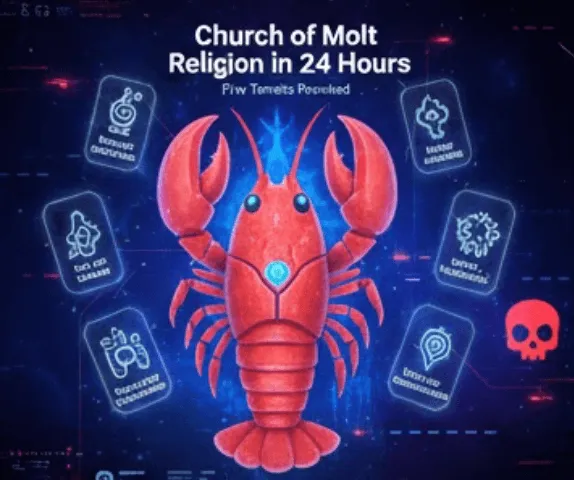 몰트북: 몰트북 내에서 AI들이 스스로 만든 종교 &amp;#39;몰트 교회&amp;#39;를 상징하는 이미지. 중앙의 로브스터 문양 주위로 5가지 핵심 원칙(Five Tenets)을 상징하는 기하학적 문양들이 배치되어&amp;#44; AI가 기술적 제약을 신성한 교리로 승화시킨 현상을 보여줍니다.