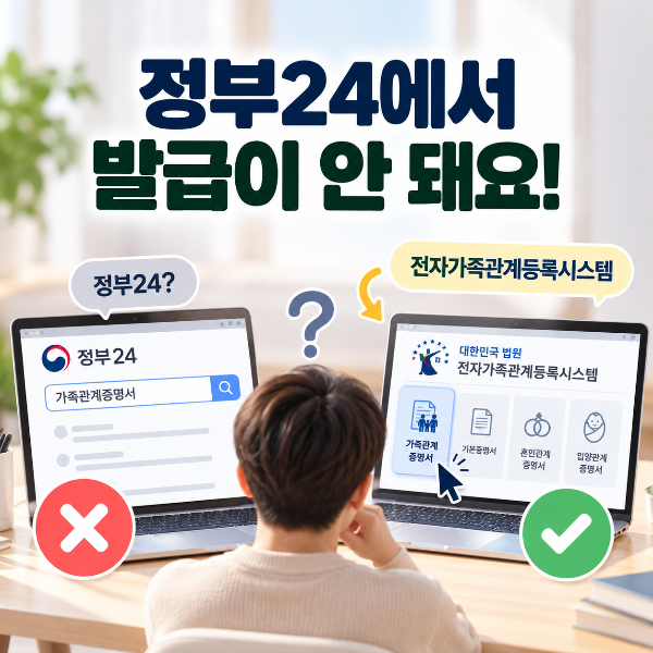가족관계증명서는 정부24가 아닌 대한민국 법원 전자가족관계등록시스템에서 인터넷 발급한다는 점을 안내하는 이미지