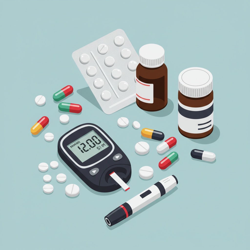 당뇨약과 영양제, 혈당 측정기가 함께 놓여 상호작용의 중요성을 나타내는 이미지
