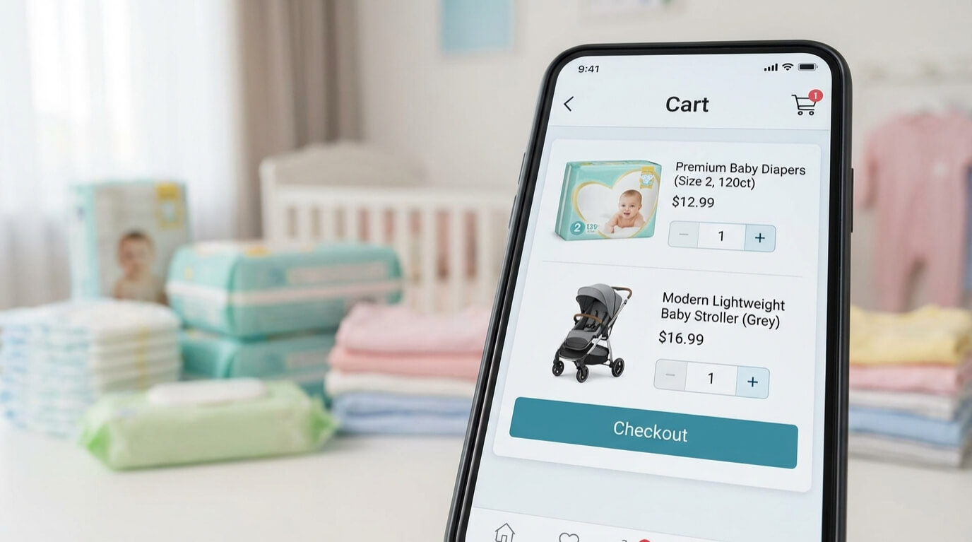 첫만남이용권 바우처로 아기 기저귀와 유모차를 온라인 결제하는 화면