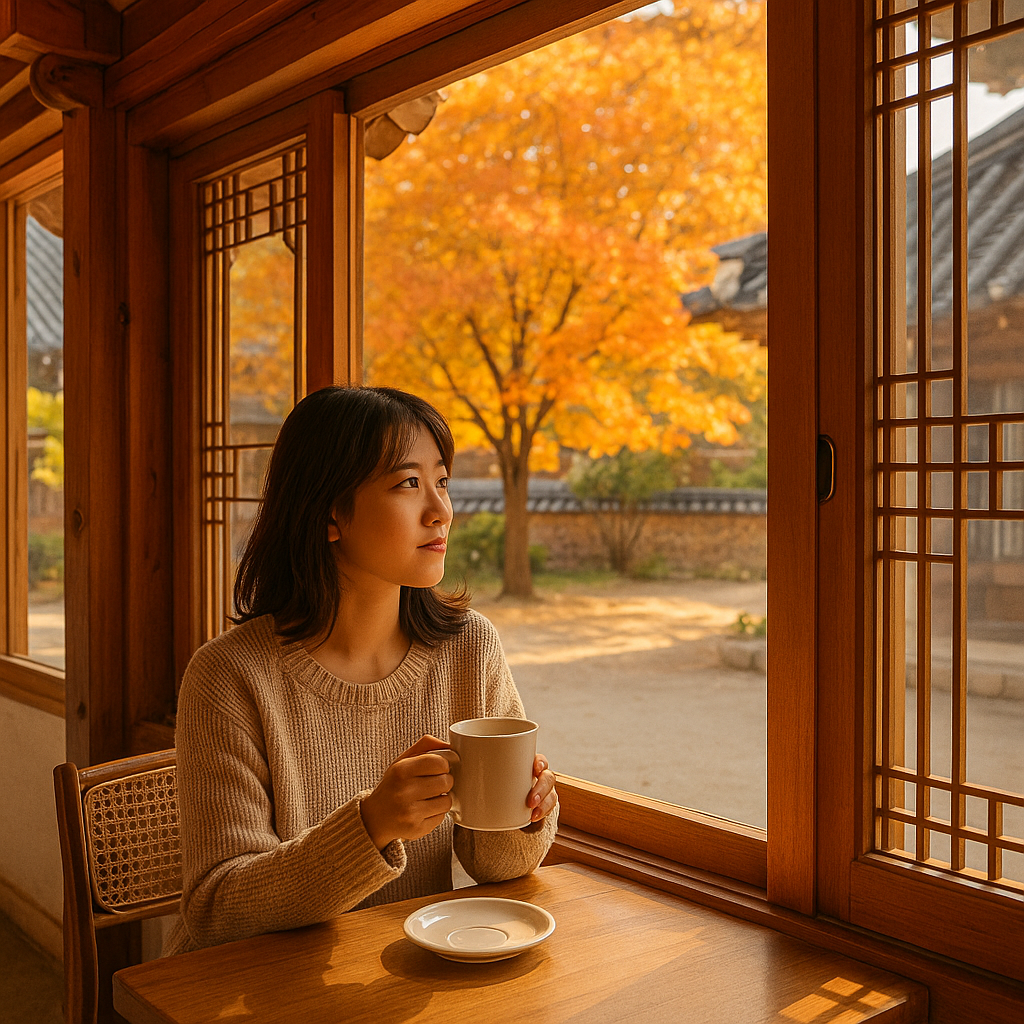 황리단길 한옥 카페 창가에서 커피를 마시는 한국인 여성
