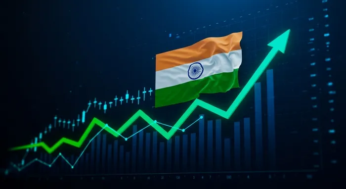 인도 국기와 함께 주가 상승 그래프가 표시된 이미지, 인도 주식 시장의 성장세를 상징