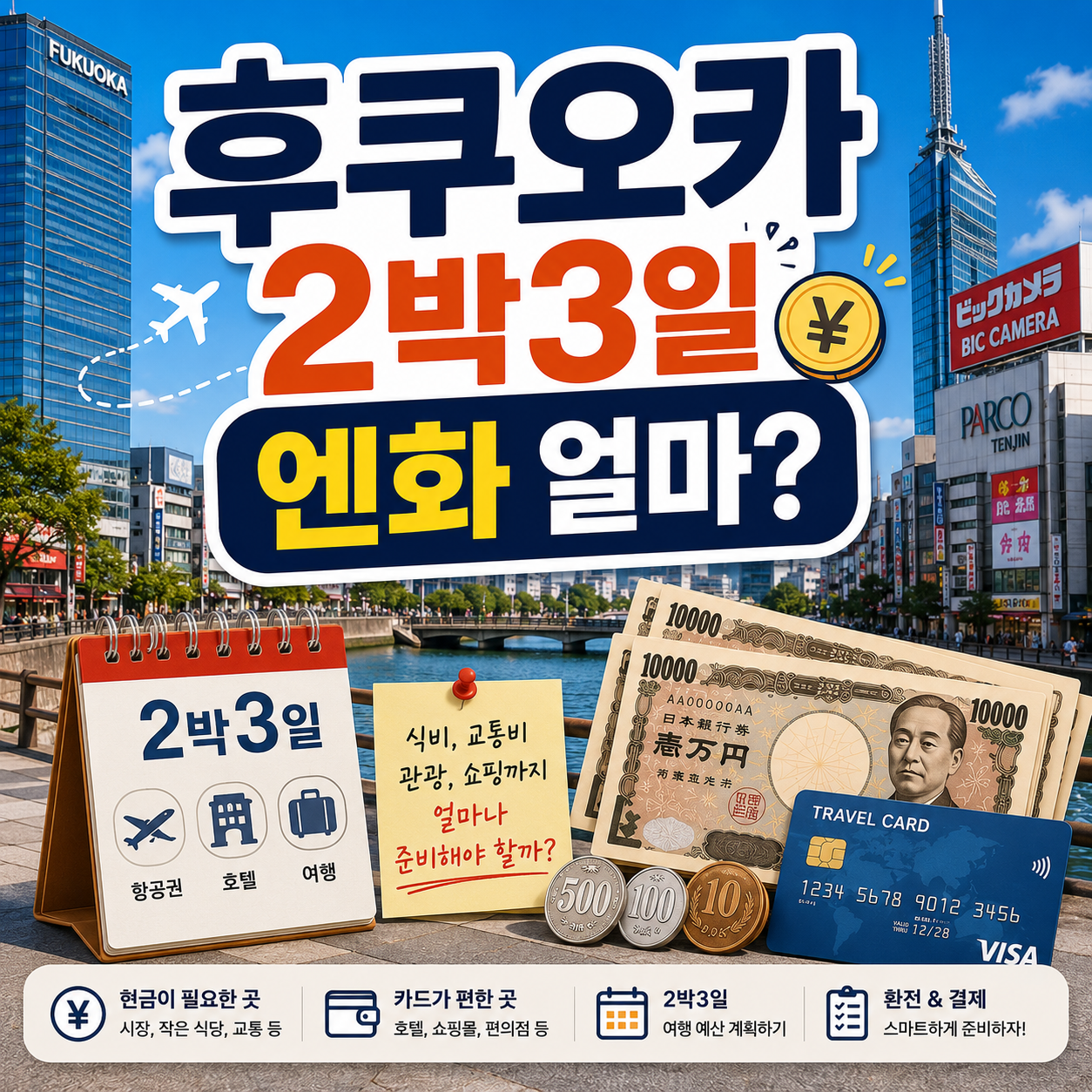 후쿠오카 2박3일 여행에서 필요한 엔화 현금과 카드 준비 방법을 보여주는 이미지