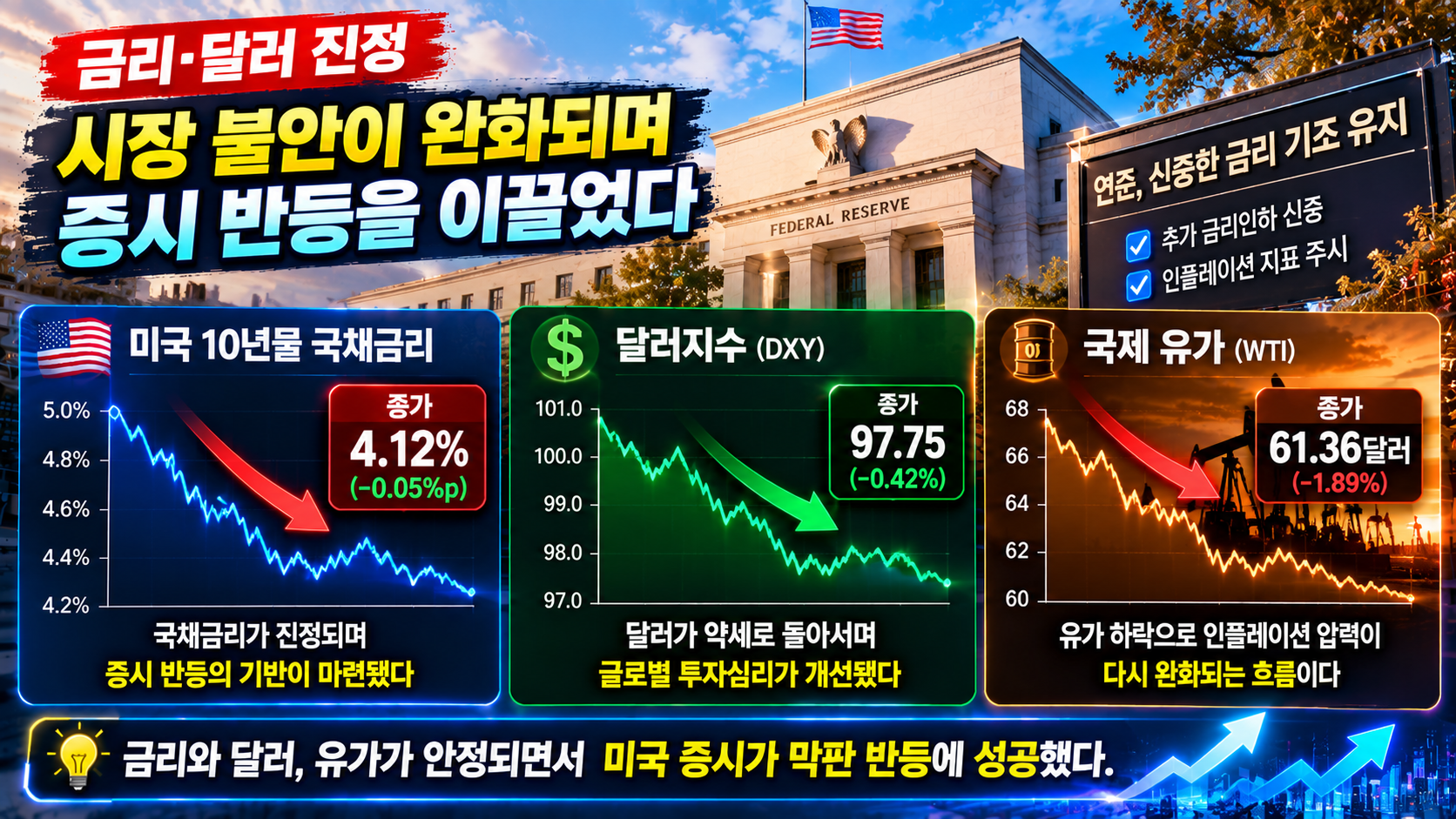 국제유가 100달러 미국 국채금리 원달러 환율 외국인 수급 연결을 표현한 증시 이미지
