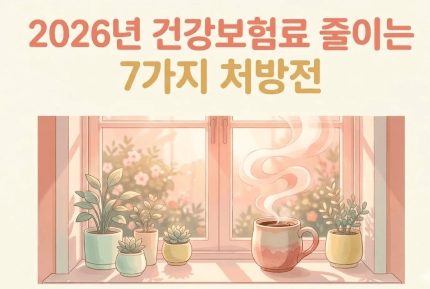 2026년 건강보험료 줄이는 방법 7가지 총정리 대표 이미지. 창가에 놓인 따뜻한 커피잔과 작은 화분들이 있는 아늑한 일러스트 위에 2026년 건강보험료 줄이는 7가지 따뜻한 처방전이라는 제목이 적혀 있다. 피부양자 등재 임의계속가입 소득 조정 신청 ISA 활용 등 지역가입자와 개인사업자를 위한 건강보험료 절감 전략을 안내하는 글의 대표 이미지이다.