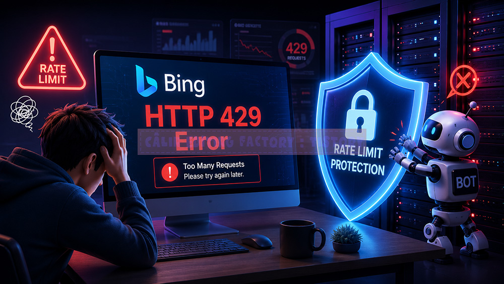 모니터에 Bing HTTP 429 에러와 Too Many Requests 경고문이 떠 있고, 과도한 접근을 시도하는 로봇이 서버의 레이트 리미트(Rate Limit) 보호 방패에 튕겨 나가는 모습을 표현한 3D 일러스트 이미지