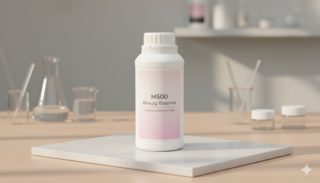 삼양플라스틱 M500 불투명 백색 용기가 'M500 Beauty Essence' 및 'Pure &amp; Gentle Formula' 라벨을 부착하고, 은은한 파스텔톤 핑크 배경 디자인과 함께 고급스럽고 미니멀한 화장품 원료 보관소 작업대에 놓여 있습니다. 용기의 세련된 디자인은 화장품 원료 소분 및 샘플링에 적합함을 나타냅니다.