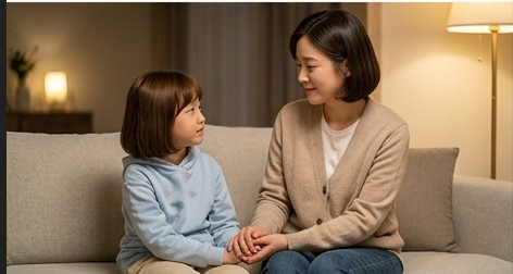 소파에서 엄마와 딸이 나란히 앉아 손을 잡고 있는 모습