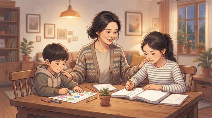 두 아이 동시 학습 케어하는 부모