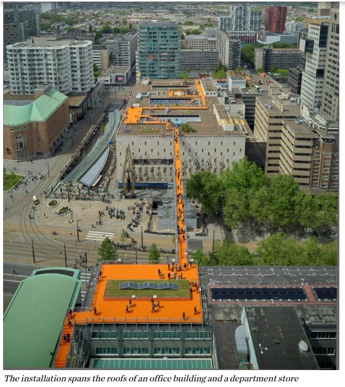 600m 길이 오렌지색 통로 로테르담 옥상 워크 MVRDV creates 600-metre-long orange walkway that bridges Rotterdam roofs