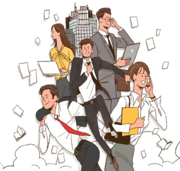사업을 하는 사람들이 열심히 움직이는 모습 일러스트