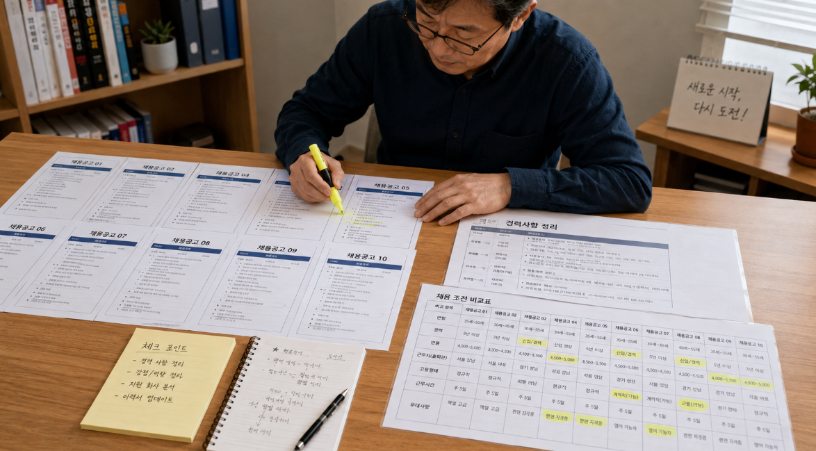 중장년 구직자가 채용공고와 자신의 경력을 비교하며 재취업 전략을 세우는 장면